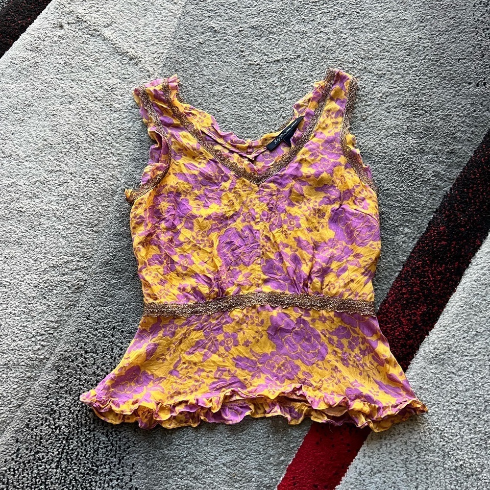 Indigo Palms Silk Orange Gold Lace Trim Peplum Top